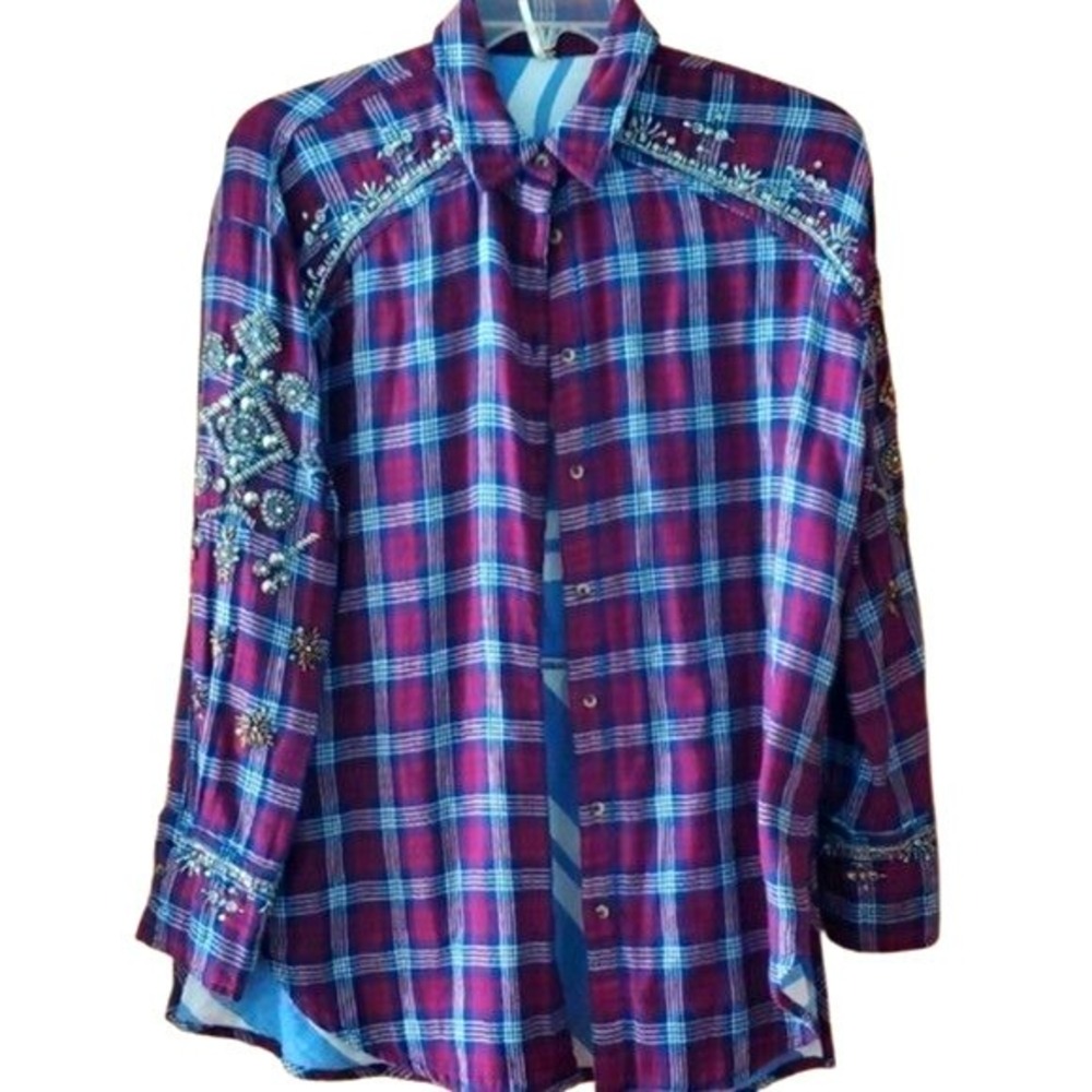 Free People Downtown Romance  Beaded Red Plaid Buttondown‎ Flannel Shirt Size M